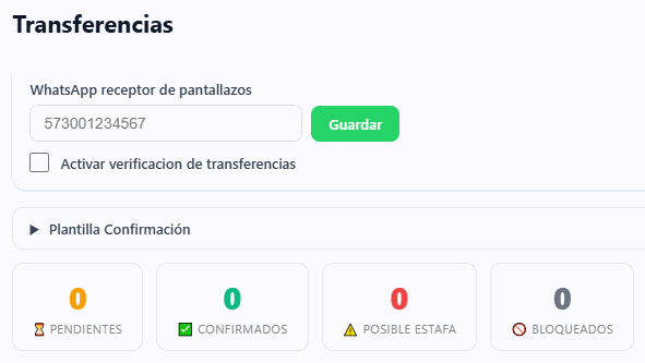 Panel de transferencias con contadores